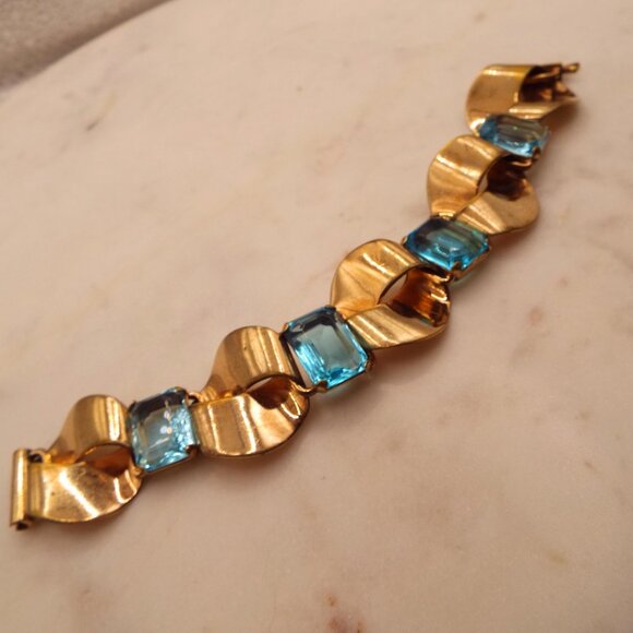 MARCEL BOUCHER PARISINA LARGE AQUAMARINE RS IN GOLD VERMEIL WAVY BRACELET DRW - Picture 1 of 10